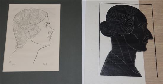 Eric Gill, engraving on ink, ElizG, wood engraving on tissue paper, Silhouette of a woman, largest 29 x 23cm, unframed